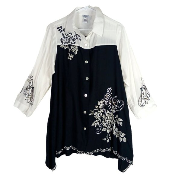 Usindo Womens Sequin Beaded Floral Tunic Shirt Small Black White Colorblock Asym - Picture 1 of 12